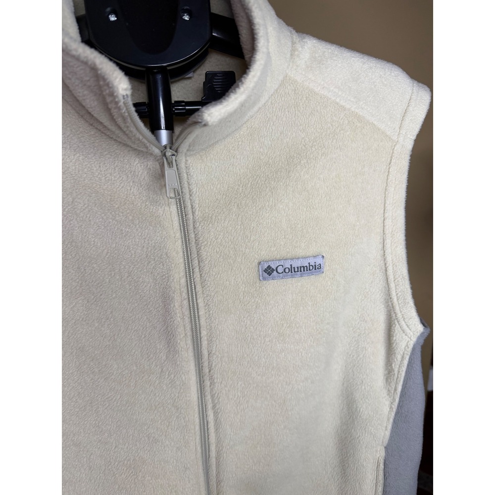 Columbia Mens Fleece Vest Cream Grey Full‎ Zip Mock Neck Outdoor Gorpcore Large